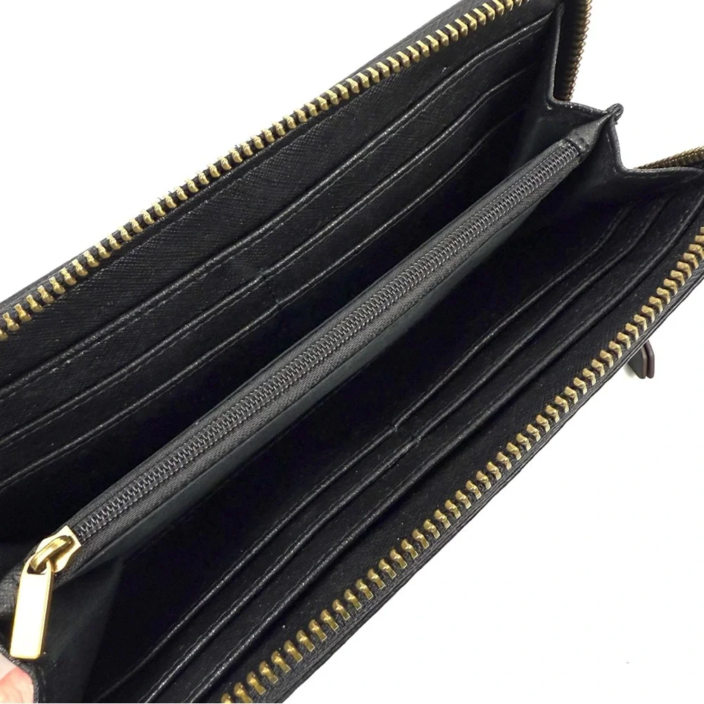 Fossil Tara Wallet Black Leather Zip‎ Around Clutch Accordion Organizer